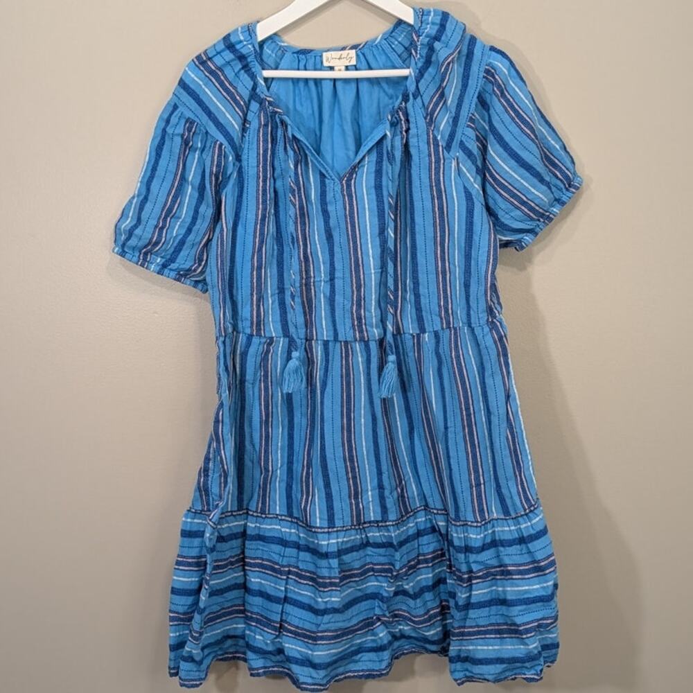 Wonderly Dress Split Neck Mini Cotton Brunch Breezy Coastal Boho Chic - Size M